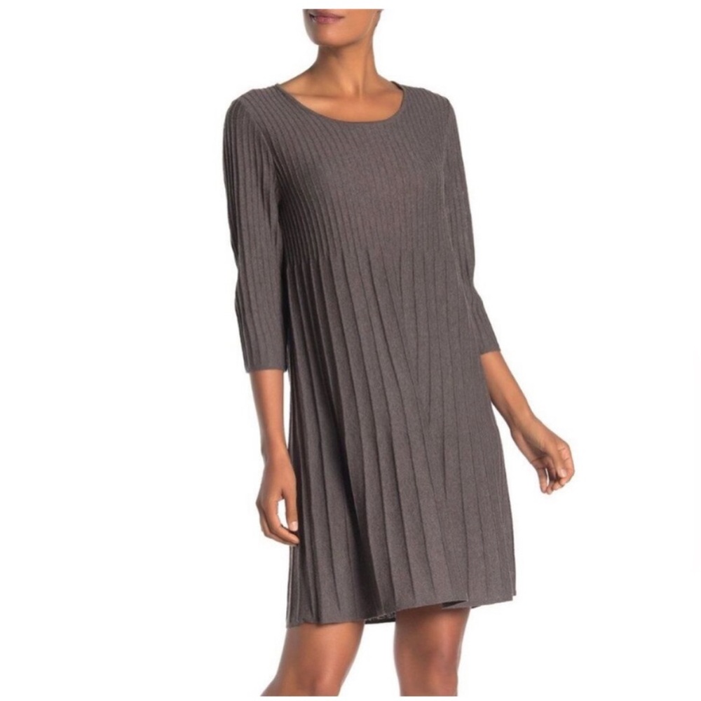 Eileen Fisher Cobblestone Grey Washable Wool Pleated Dress, Size M